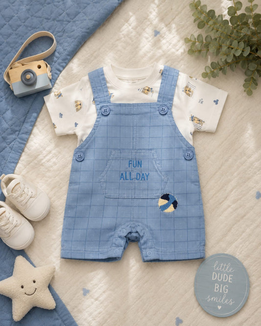 Baby Boys Dungaree Romper with Printed T-Shirt | 2-Piece Cotton Outfit | 3–12 Months