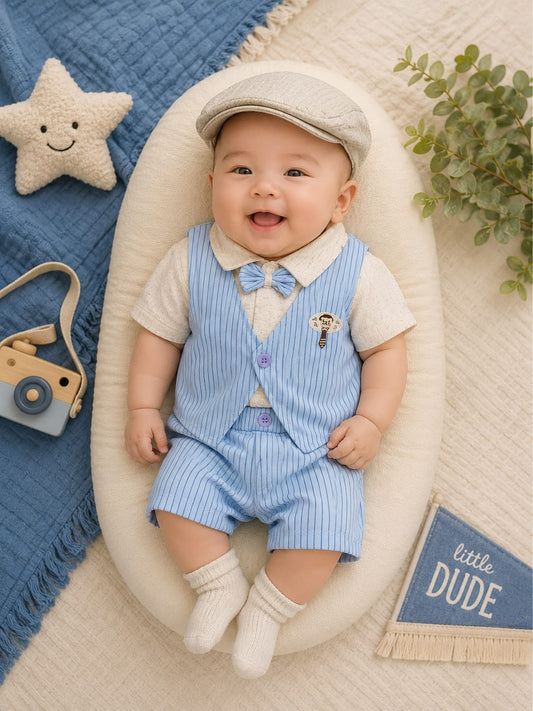 Baby Boys Gentleman Shirt, Waistcoat & Shorts Set | 3-Piece Party Wear Outfit | 3–12 Months