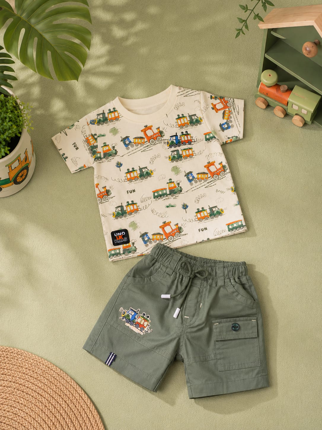 Baby Boys Train Print T-Shirt & Cargo Shorts Set | 2-Piece Summer Outfit | 3–6 Months