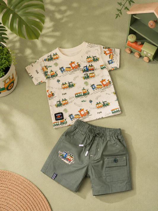 Baby Boys Train Print T-Shirt & Cargo Shorts Set | 2-Piece Summer Outfit | 3–6 Months