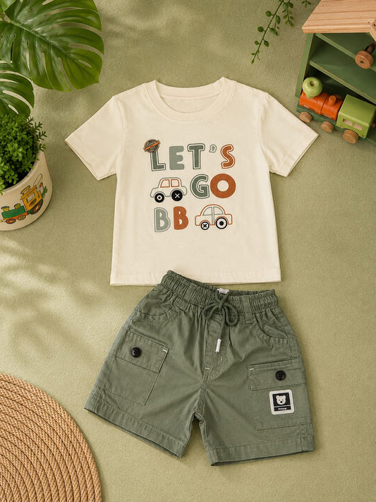 Baby Boys Let's Go Printed T-Shirt & Cargo Shorts Set | 2-Piece Summer Outfit | 3–12 Months