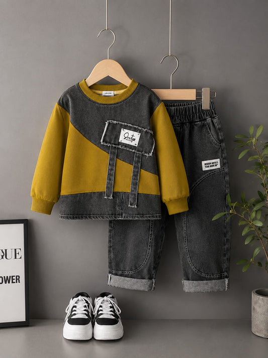 Boys Premium Olive & Grey Denim Co-Ord Set | Designer Sweatshirt & Denim Jogger | Size 18–26