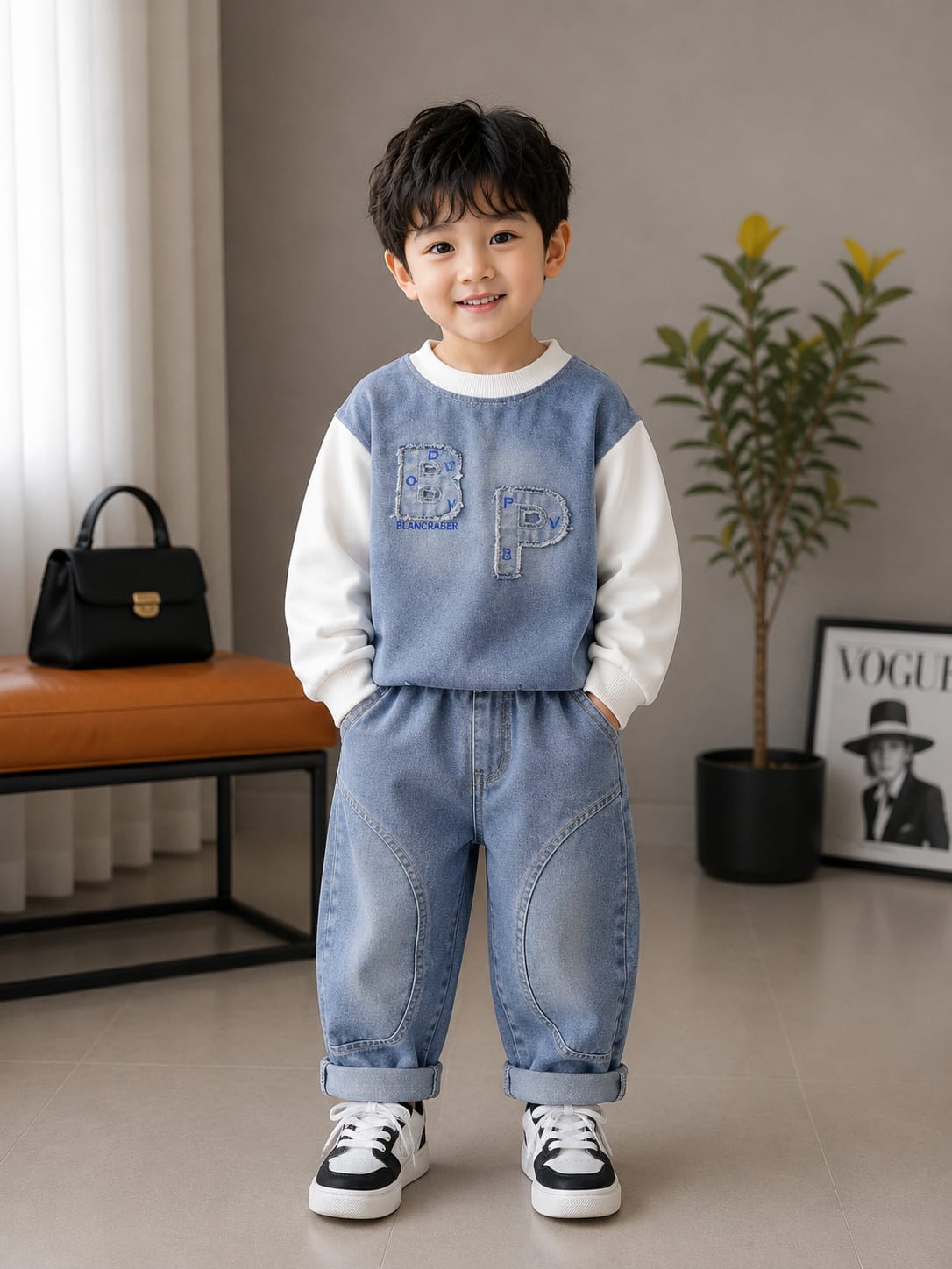 Boys Premium Blue Denim Co-Ord Set | Designer Sweatshirt & Denim Jogger | Size 18–26