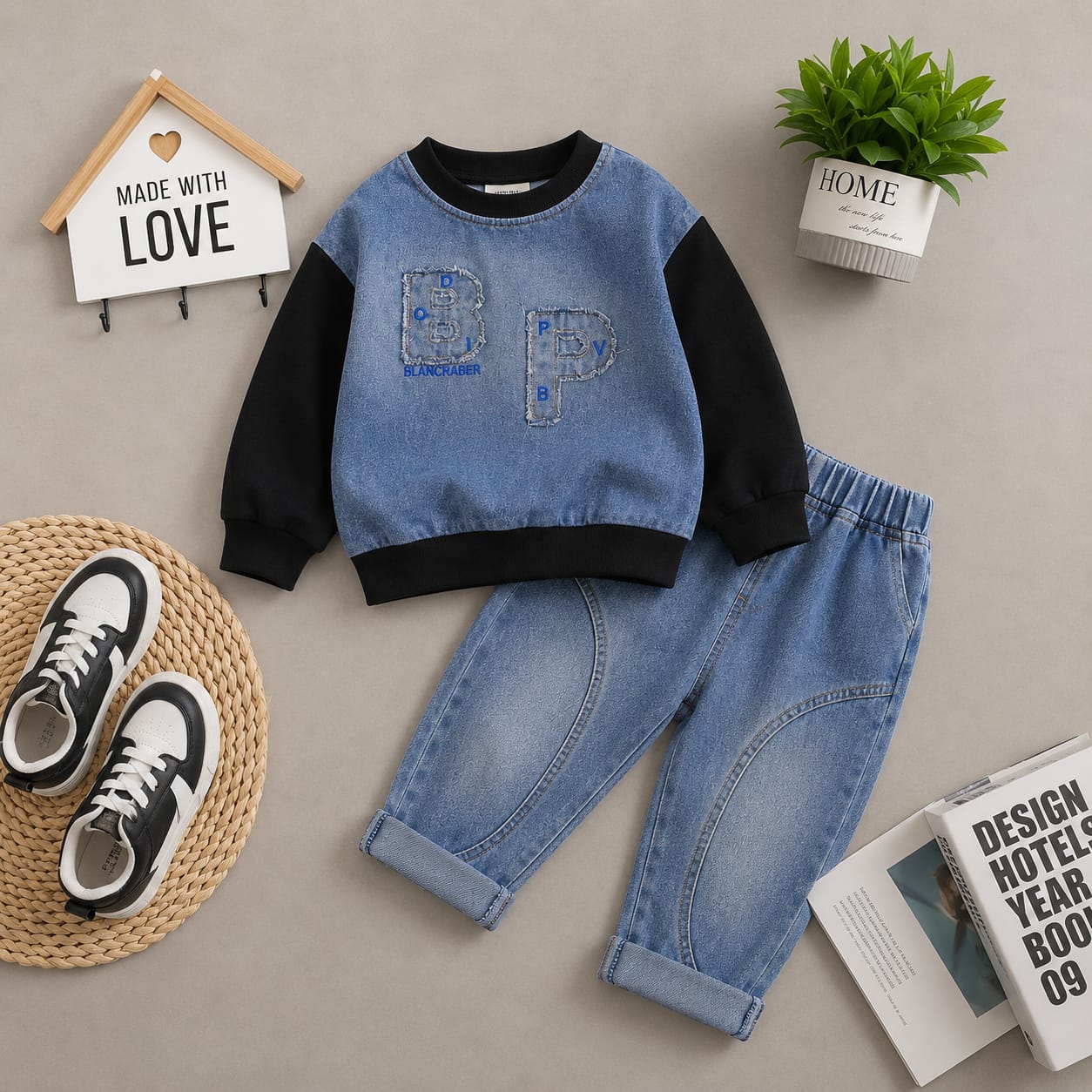 Boys Premium Blue Denim Co-Ord Set | Full Sleeve Sweatshirt & Denim Jogger | Size 18–26