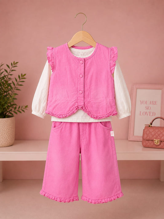 Girls Pink 3-Piece Co-Ord Set | Ruffle Vest, Full Sleeve Top & Wide Leg Pants | Size 18–26