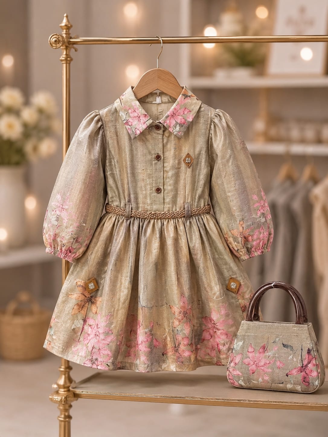 Girls Premium Floral Printed Cotton Frock with Matching Handbag | Designer Party Wear Dress | Size 18–26