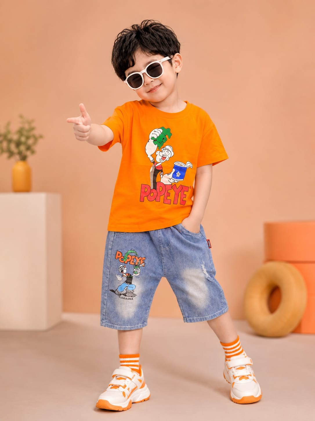 Boys Popeye Printed Cotton T-Shirt & Denim Shorts Co-Ord Set | Summer Casual Wear | 2 Pcs | 3–8 Years