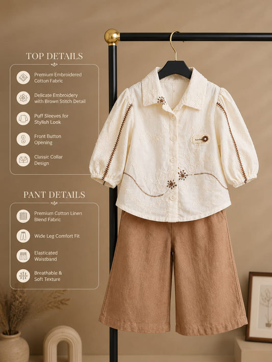 Girls Embroidered Cotton Shirt & Wide Leg Pants Co-Ord Set | Premium 2-Piece Outfit | Size 18–26