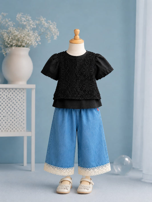 Girls Black Lace Top & Denim Wide Leg Pants Co-ord Set | Premium 2-Piece Outfit | Size 18–26