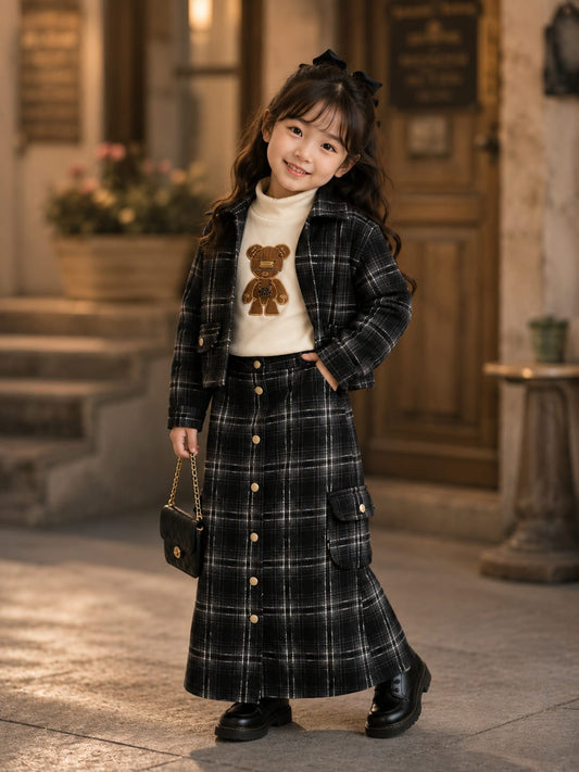 Girls Premium Checked Jacket, High Neck Top & Button Cargo Skirt 3-Piece Co-Ord Set | Size 24–36