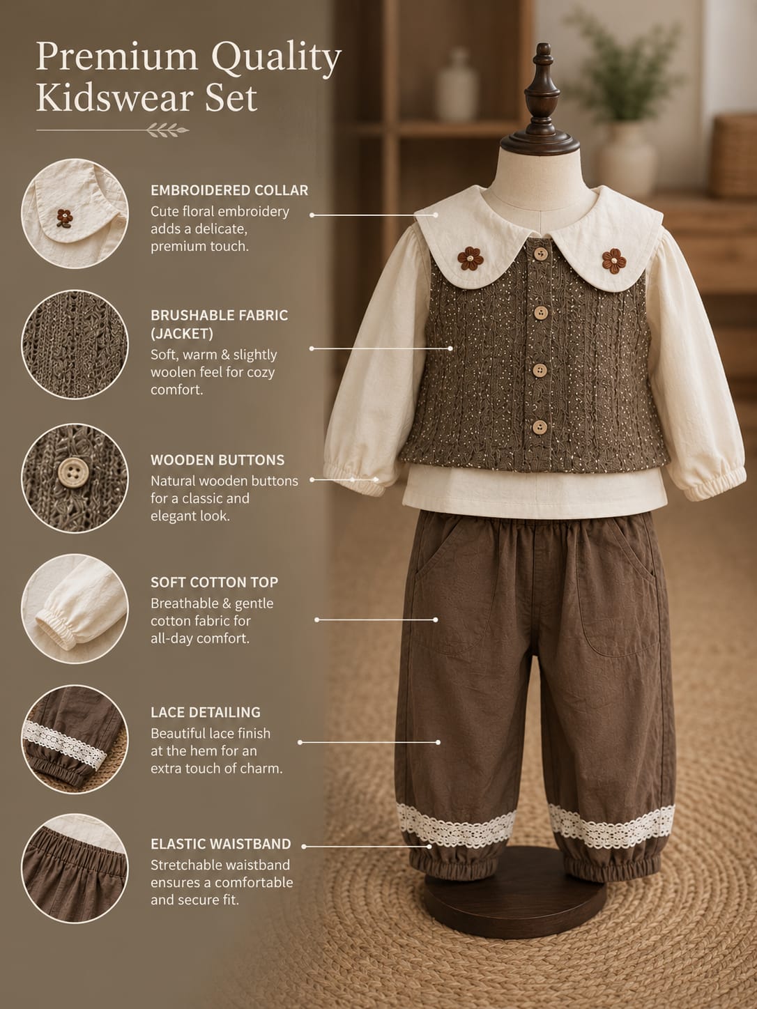 Baby Girls Premium 3-Piece Cotton Co-Ord Set | Embroidered Vest, Full Sleeve Top & Lace Pants | Casual Outfit | Sizes 18–26