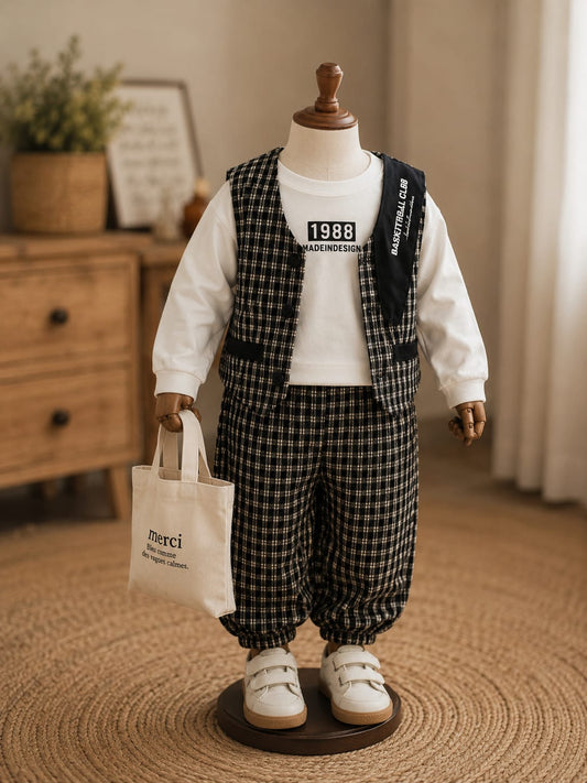 Baby Girls Premium 3-Piece Checked Co-Ord Set | Full Sleeve T-Shirt, Checked Vest & Jogger Pants | Casual Outfit | Sizes 18–26