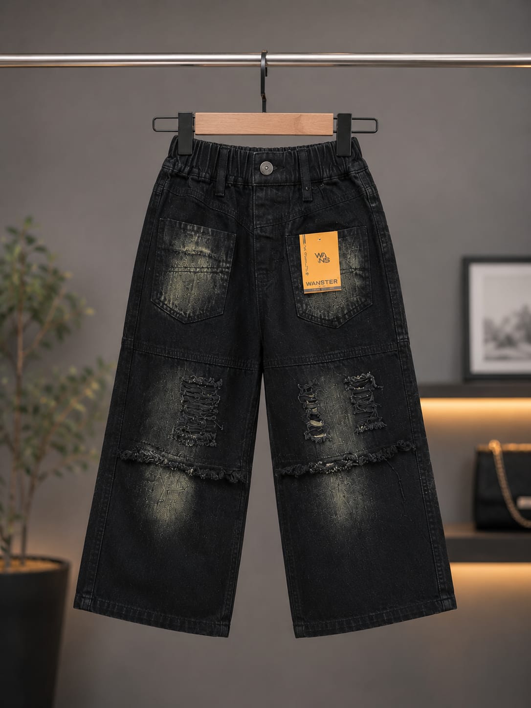 Wanster Boys Black Wide Leg Distressed Denim Jeans | Premium Baggy Fit | 6–12 Years