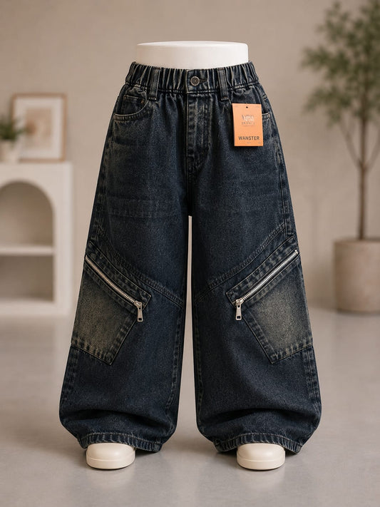 Wanster Boys Black Baggy Cargo Denim Jeans | Premium Wide Leg Zip Pocket Jeans | 6–12 Years