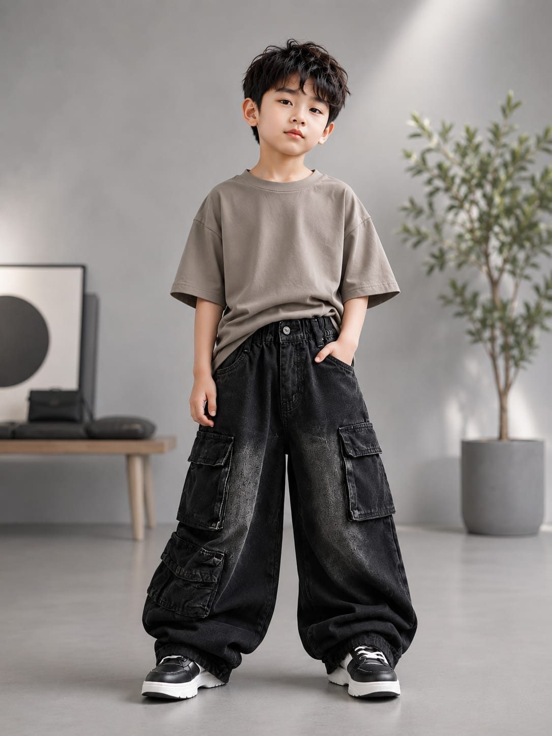 Wanster Boys Black Baggy Cargo Denim Jeans | Premium Multi-Pocket Streetwear Jeans | 6–12 Years
