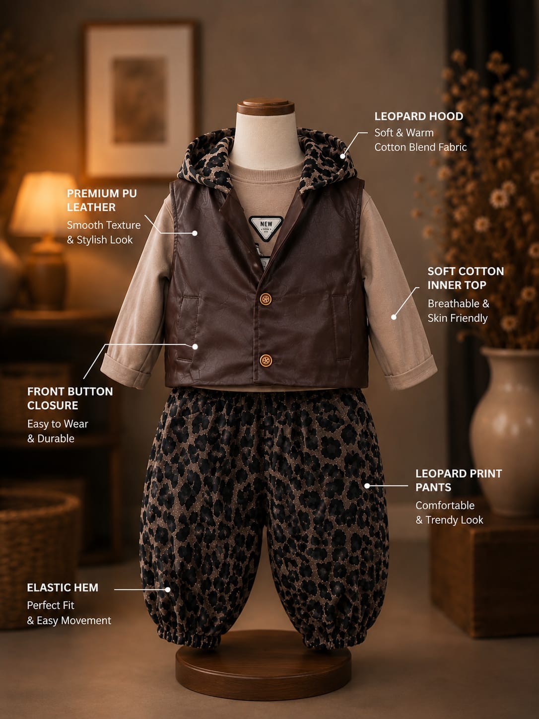Baby Girls Premium 3-Piece Co-Ord Set with Faux Leather Vest | All Season Casual Outfit | Brown | Sizes 18–26