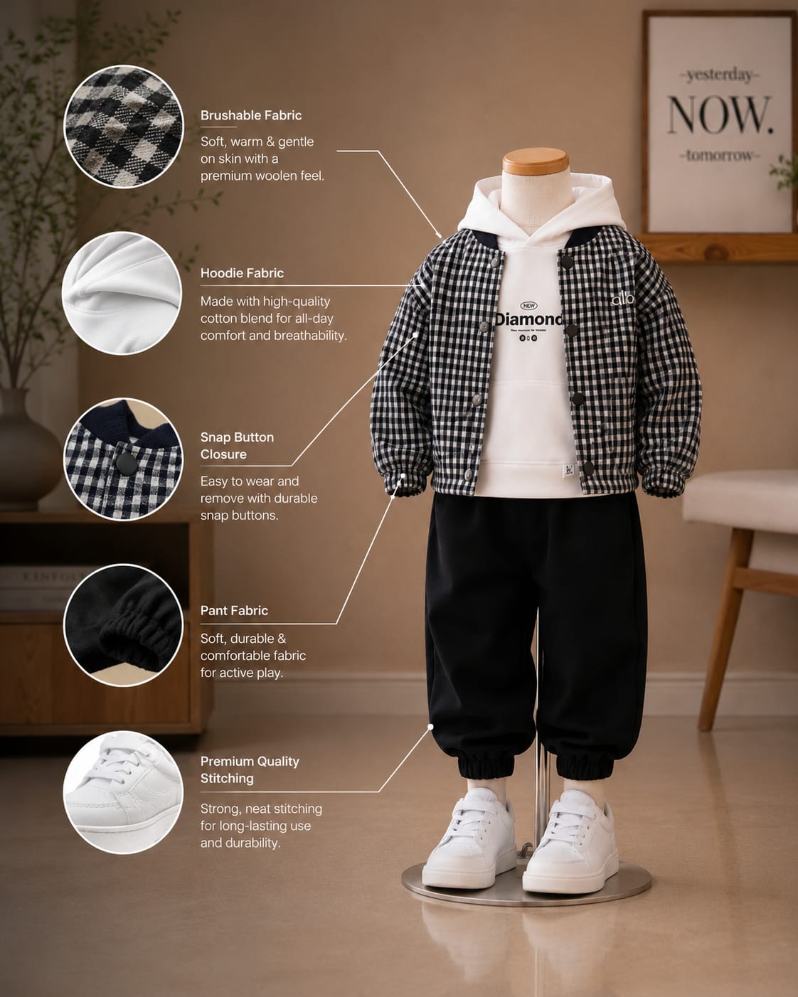 Boys Premium 3-Piece Hoodie Co-Ord Set with Check Shirt & Jogger Pants | All Season Casual Outfit | Black & White | Sizes 18–26