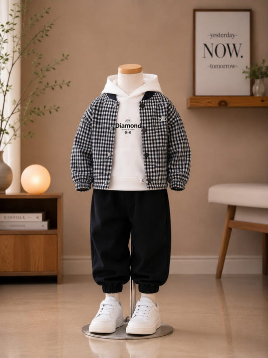 Boys Premium 3-Piece Hoodie Co-Ord Set with Check Shirt & Jogger Pants | All Season Casual Outfit | Black & White | Sizes 18–26