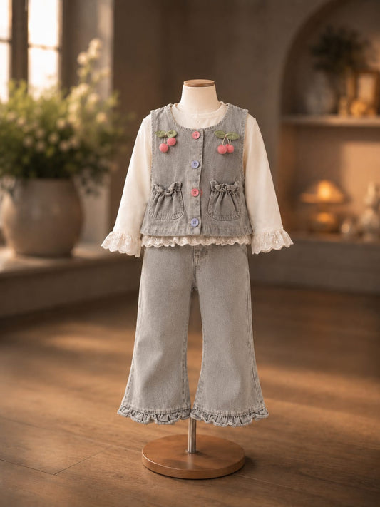 Baby Girls Premium Denim 3-Piece Co-Ord Set | Lace Top, Denim Vest & Flared Jeans | All Season Outfit | Light Grey | Sizes 18–26