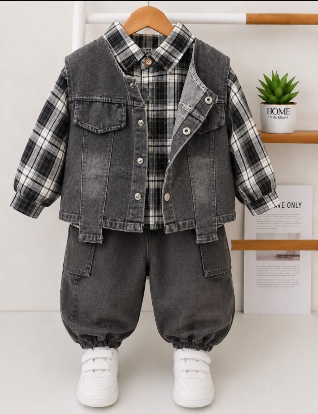 Kids Premium 3-Piece Denim Co-Ord Set | Checked Shirt, Sleeveless Denim Jacket & Cargo Jogger Jeans | Boys | Sizes 18–26