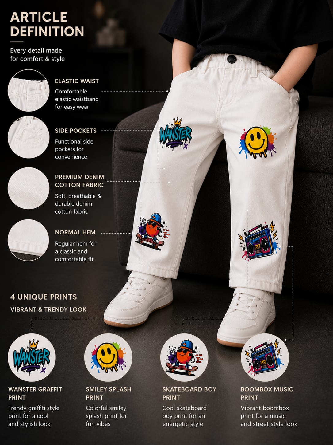 Wanster Kids Premium White Graphic Print Denim Jeans | Trendy Casual Straight Fit Jeans Unisex | Sizes 18–26