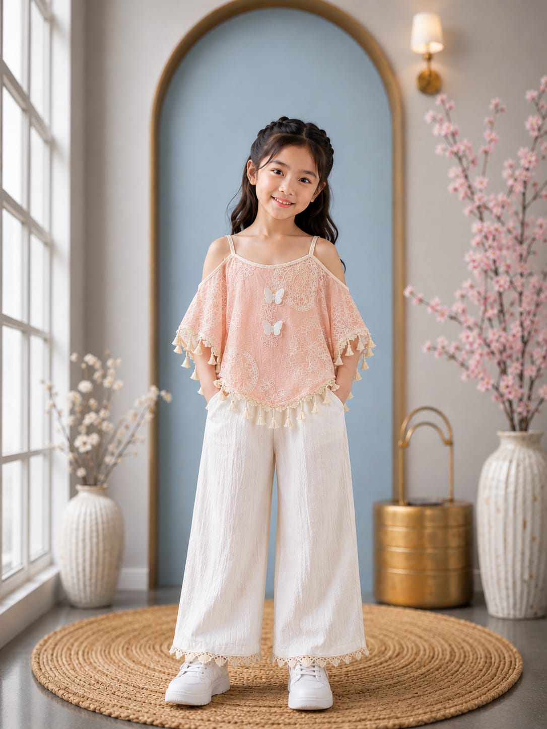 Premium Girls Embroidered Cold Shoulder Poncho Top & Palazzo Co-Ord Set | Peach & White | Party Wear | Sizes 6-12 Years