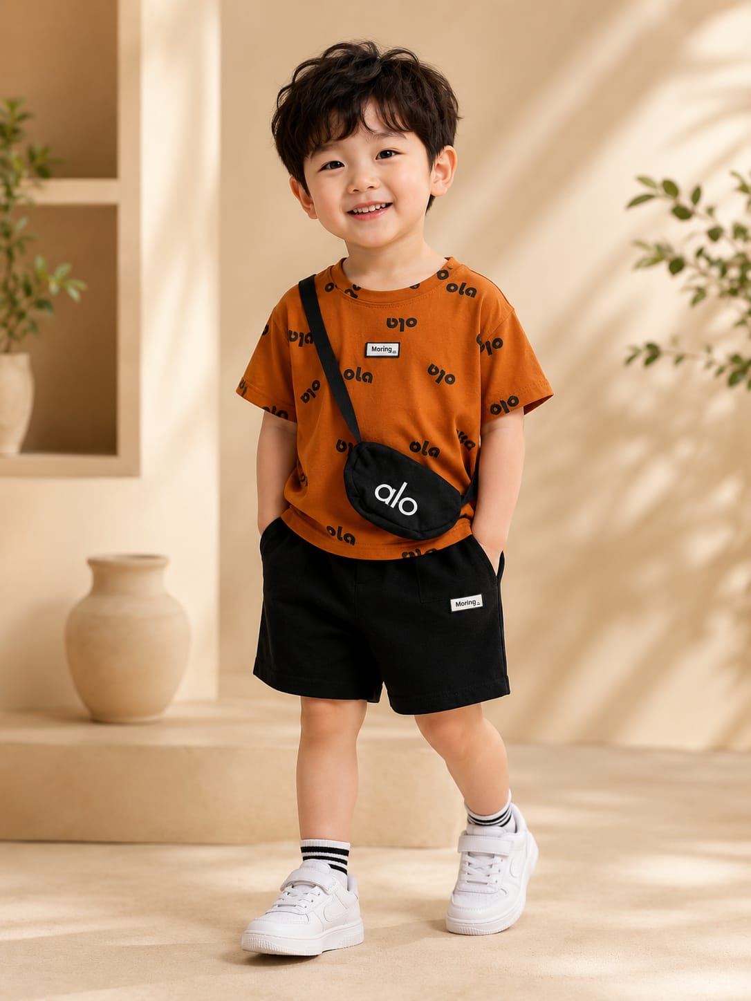 Premium Boys Summer T-Shirt & Shorts Co-Ord Set with Sling Bag | Brown & Black | Soft Cotton | Sizes 18-26