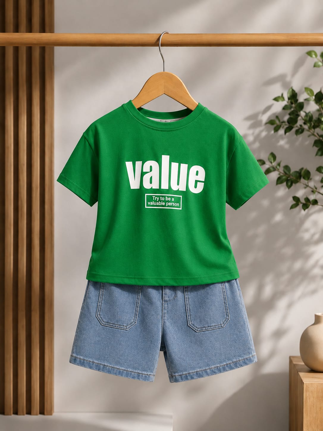 Premium Boys Summer T-Shirt & Denim Shorts Co-Ord Set | Green & Light Blue | Soft Cotton | Sizes 18-26