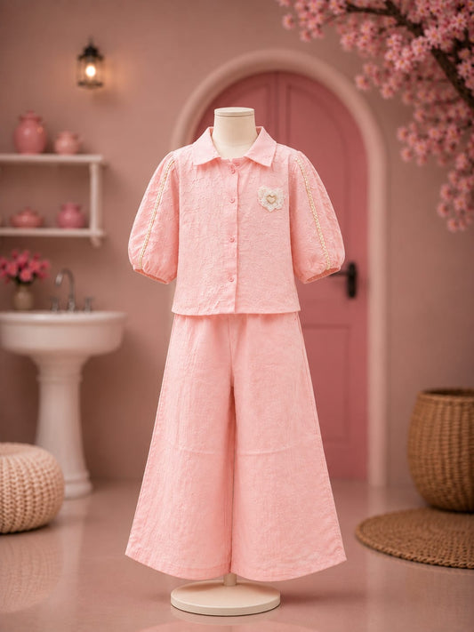 Premium Girls Pink Embroidered Shirt & Palazzo Co-Ord Set | Party Wear | Sizes 6-12 Years
