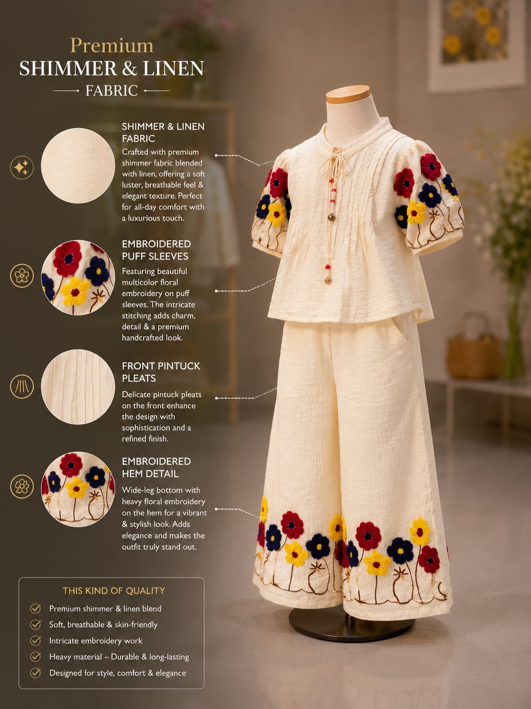 Premium Girls Floral Embroidered Top & Palazzo Co-Ord Set | Cream | Party Wear | Sizes 6–12 Years