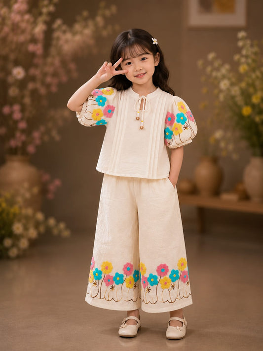 Premium Girls Floral Embroidered Top & Palazzo Co-Ord Set | Cream | Party Wear | Sizes 6–12 Years