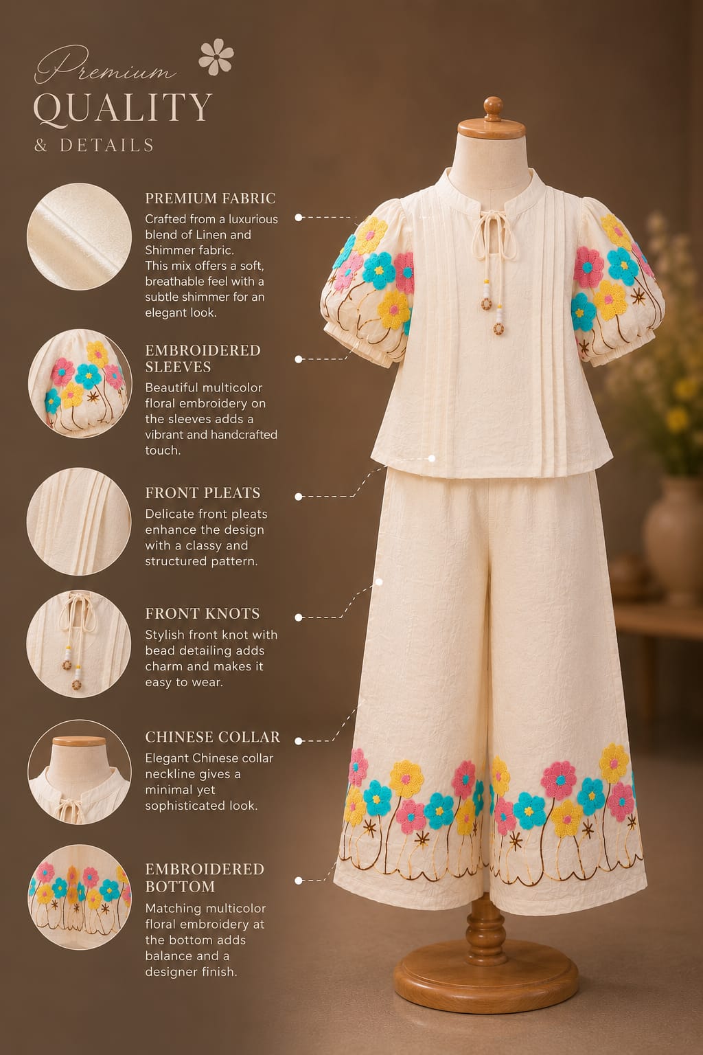 Premium Girls Floral Embroidered Top & Palazzo Co-Ord Set | Cream | Party Wear | Sizes 6–12 Years