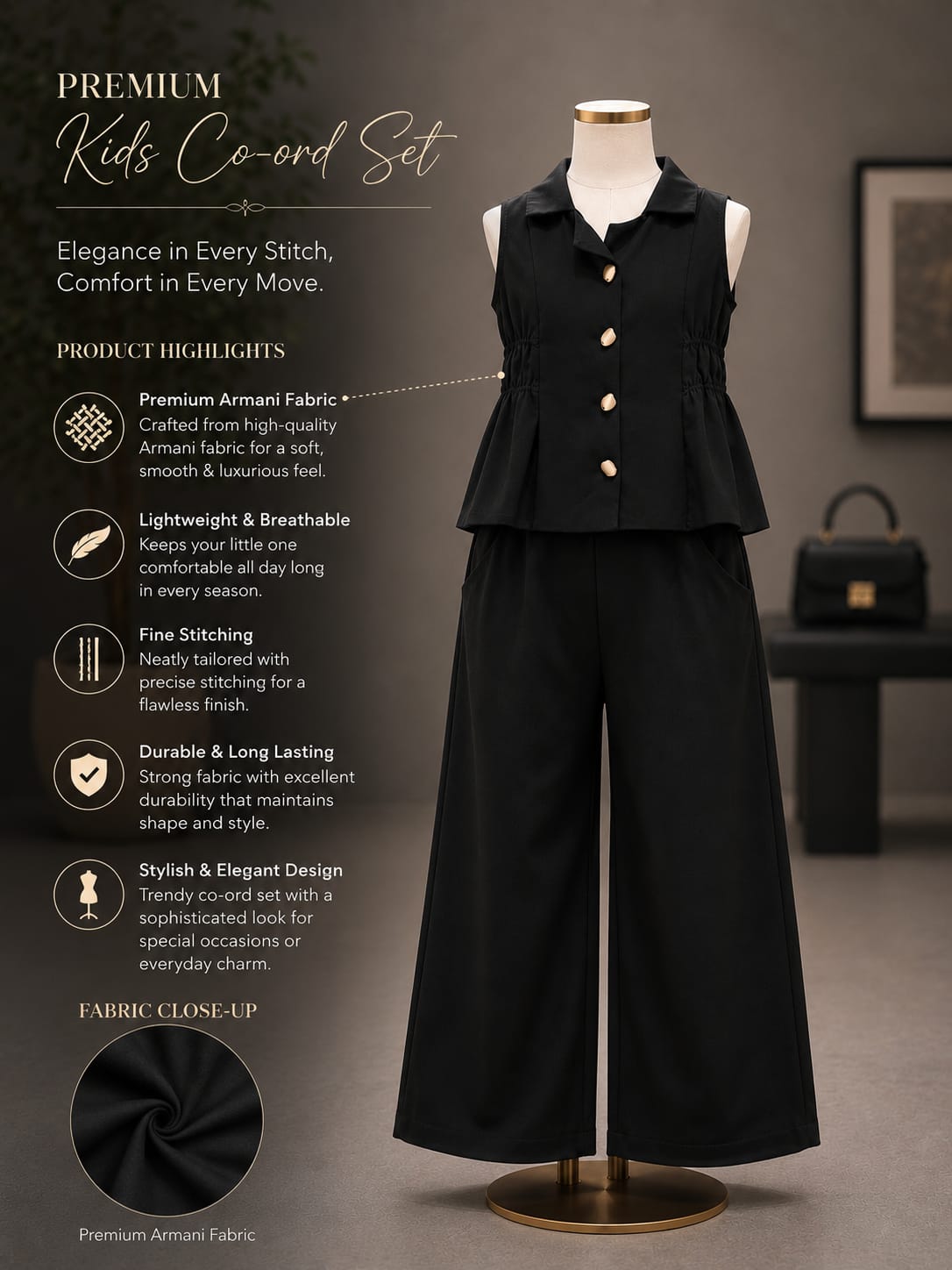 Premium Girls Black Sleeveless Top & Wide Leg Palazzo Co-Ord Set | Party Wear | Sizes 6–12 Years