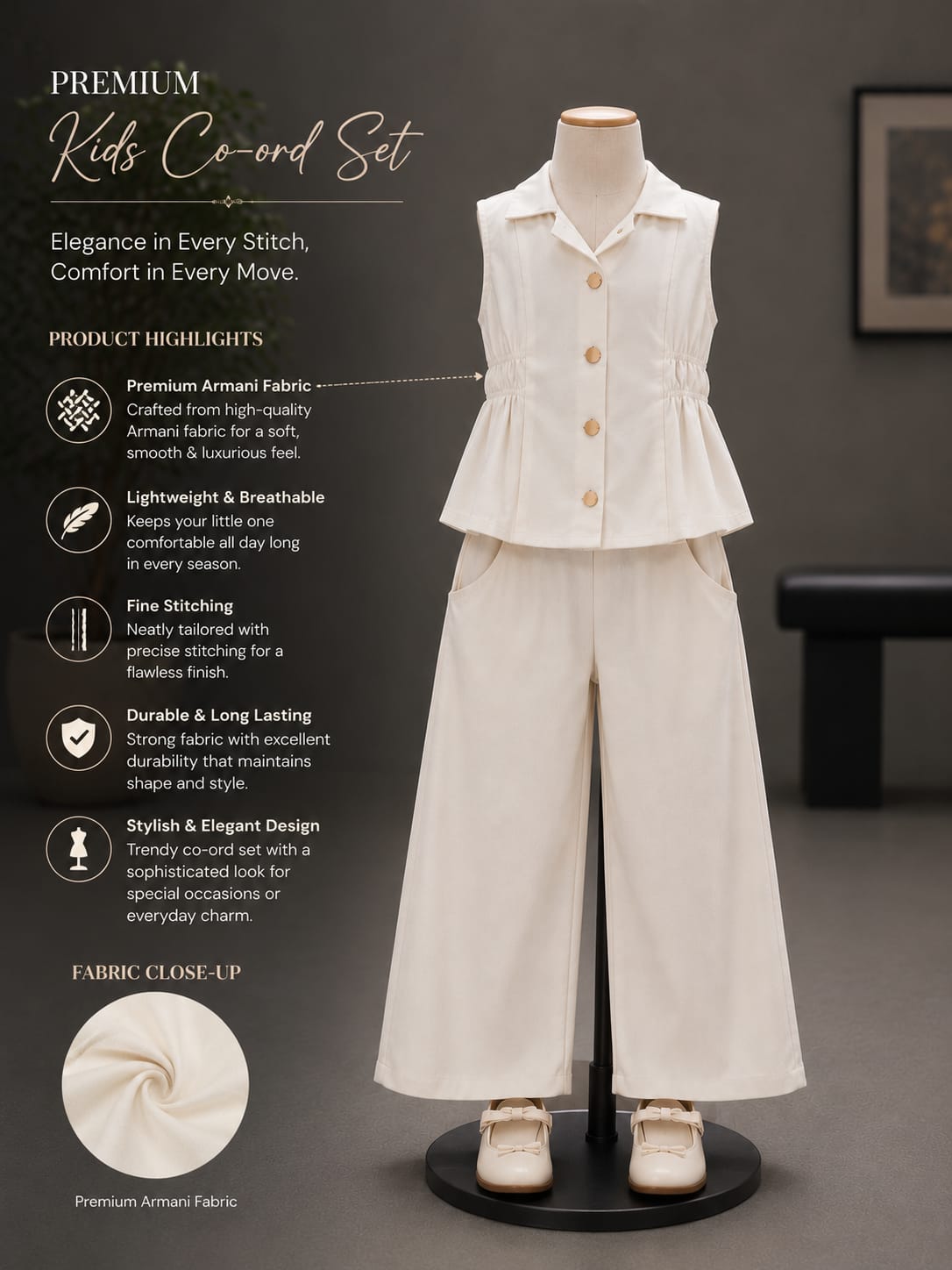 Premium Girls Sleeveless Top & Wide Leg Palazzo Co-Ord Set | Off White | Party Wear | Sizes 6–12 Years