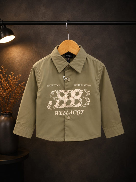 Premium Boys Olive Green Printed Cotton Full Sleeve Shirt | Casual & Party Wear | Sizes 1–5 Years