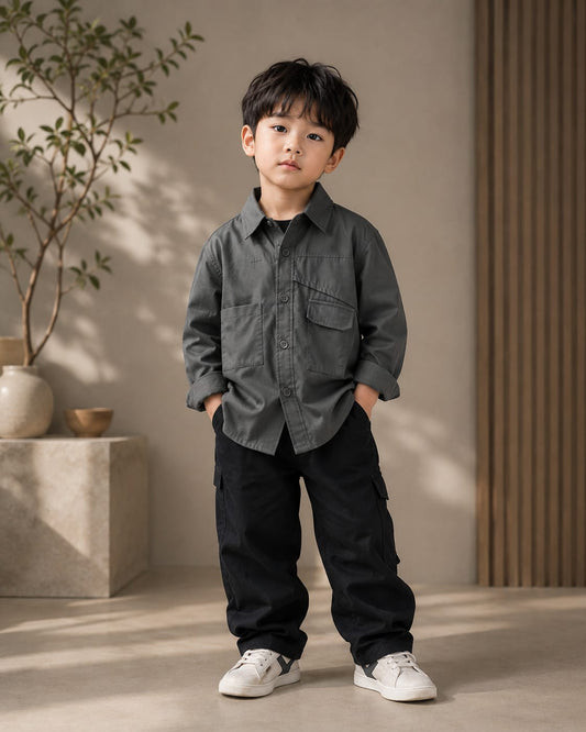 Premium Boys Solid Full Sleeve Casual Shirt | Stylish Cotton Blend Shirt with Utility Pockets | Sizes 2–10 Years