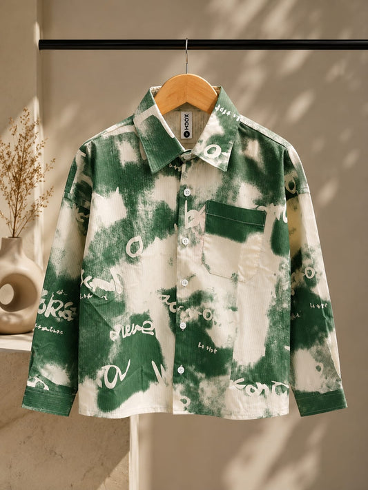 Boys Premium Green Tie-Dye Printed Casual Shirt | Full Sleeve Cotton Blend Shirt | Ages 4–10 Years
