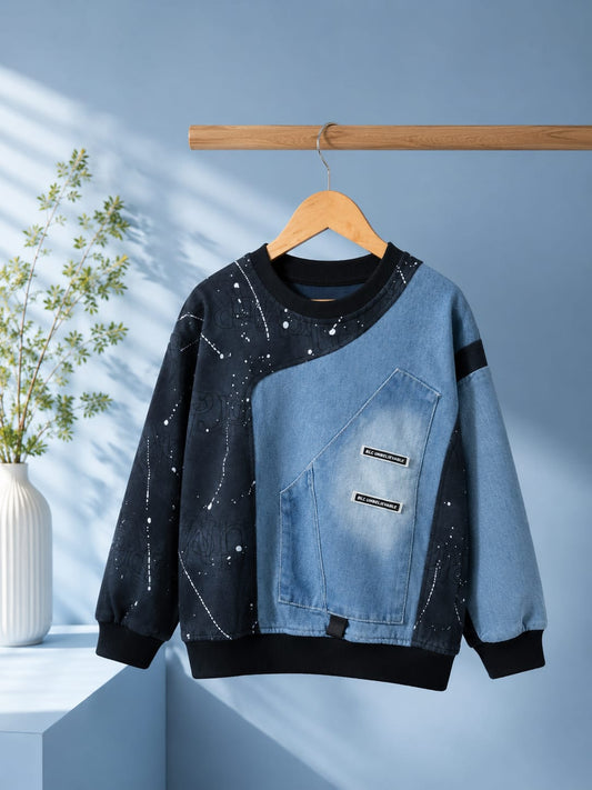 Boys Denim Patchwork Fleece Sweatshirt | Premium Full Sleeve Casual Sweatshirt | 6–12 Years