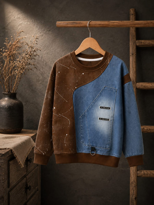 Boys Denim Patchwork Cotton Fleece Sweatshirt | Premium Full Sleeve Casual Sweatshirt | 6–12 Years