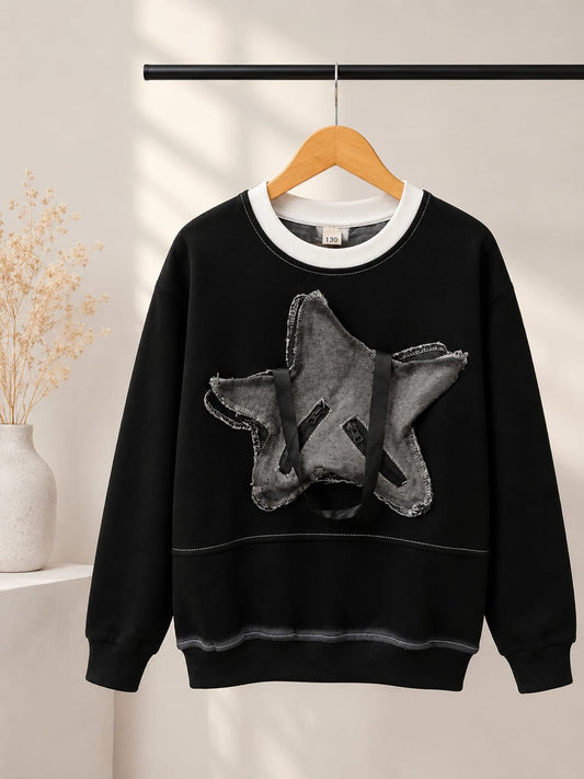 Boys Premium Star Patch All Season Sweatshirt | Full Sleeve Casual Wear | Black | 6–12 Years
