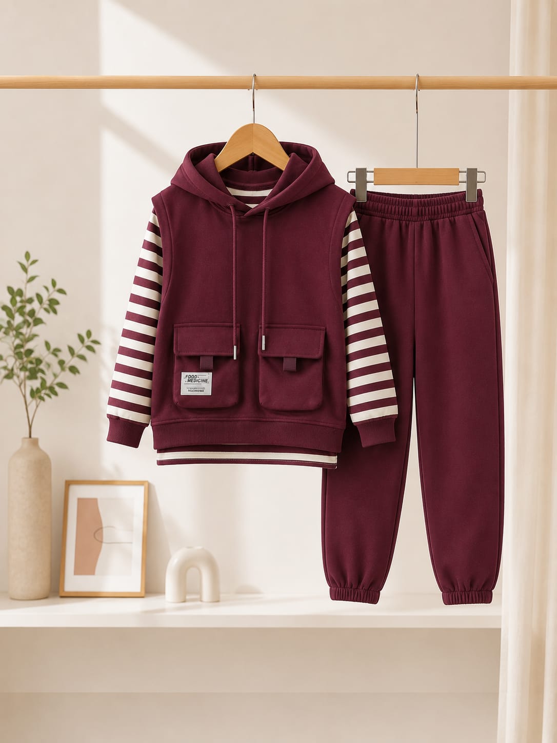 Boys Premium All Season 3-Piece Hooded Cord Set | Full Sleeve Casual Co-Ord Set | Maroon | 6–12 Years