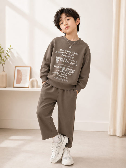 Boys Premium All Season 2-Piece Co-Ord Set | Printed Sweatshirt & Jogger Pants | Casual Wear | Brown | 6–12 Years