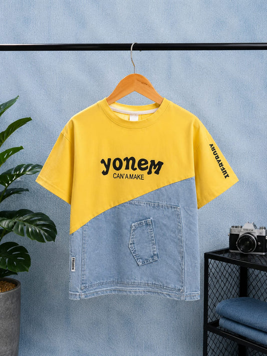 Boys Premium Denim Patch Half Sleeve Cotton T-Shirt | Casual Summer Wear | 1-7 Years