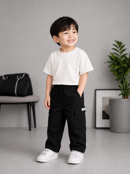 Kids Premium Black Cargo Pants | Soft Cotton Casual Trousers for Boys & Girls | Size 18β26