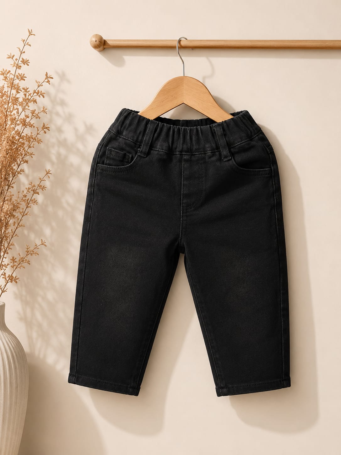 Kids Premium Black Elastic Waist Denim Jeans | Regular Fit | Unisex | Size 18-26