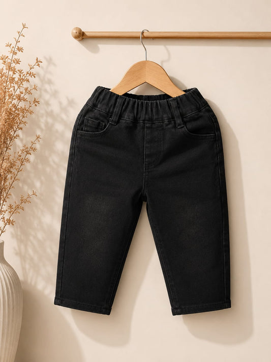 Kids Premium Black Elastic Waist Denim Jeans | Regular Fit | Unisex | Size 18-26