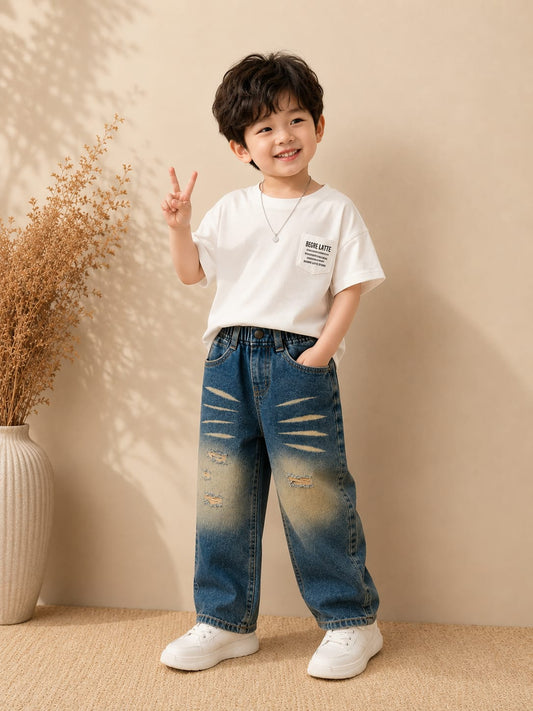 Wanster Kids Premium Distressed Denim Capri Jeans | Elastic Waist | Regular Fit | Size 18-26