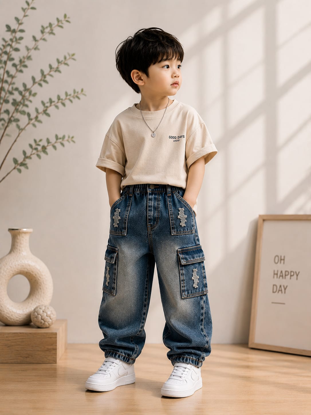 Kids Premium Cargo Baggy Denim Jeans | Multi Pocket | Elastic Waist | Size 18-26