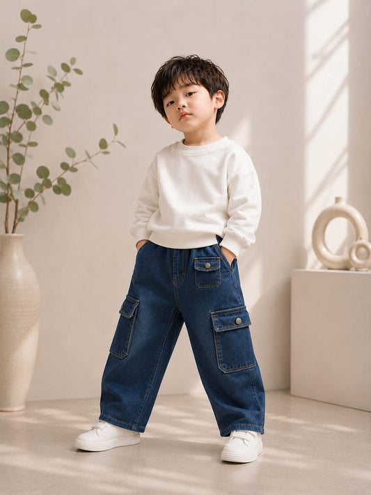 Kids Premium Denim Cargo Jogger Jeans | Elastic Waist | Dark Blue | Size 18-26
