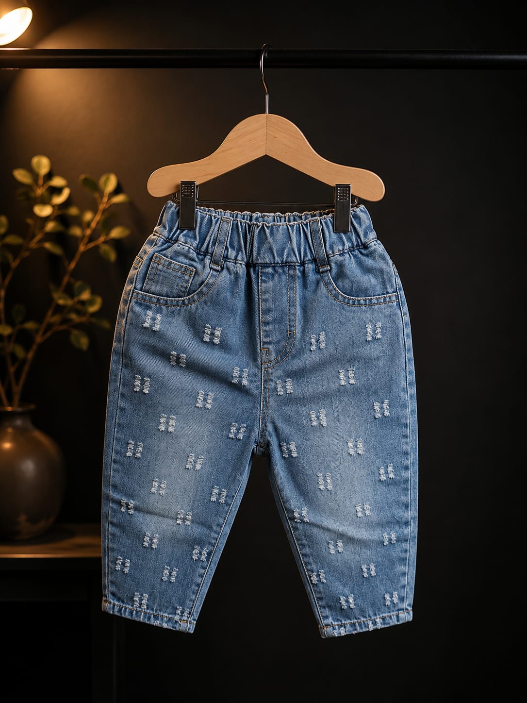 Kids Premium Self Design Denim Jeans | Elastic Waist | Light Blue | Size 18-26